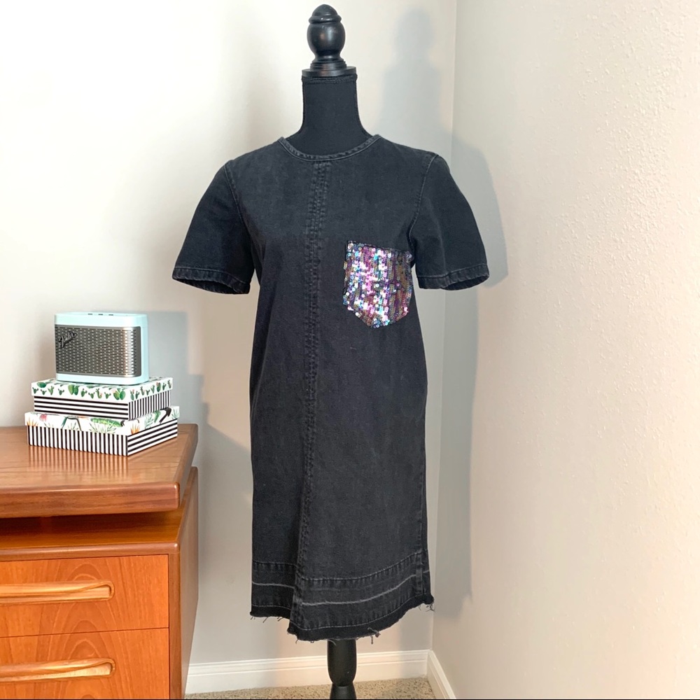 River Island Black Sequin Pocket Denim Dress